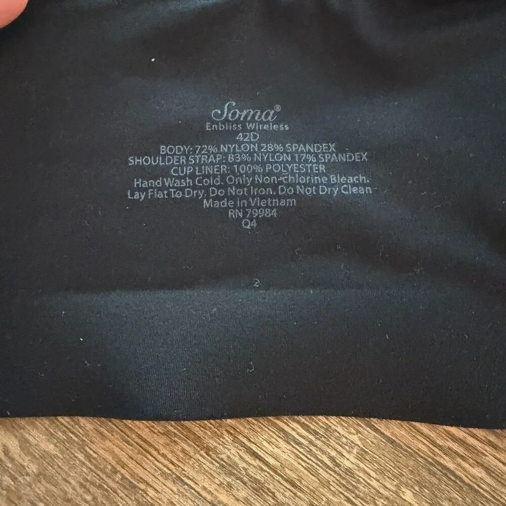 Soma Enbliss Wireless Bra Black Women's 42D Comfort Full Coverage